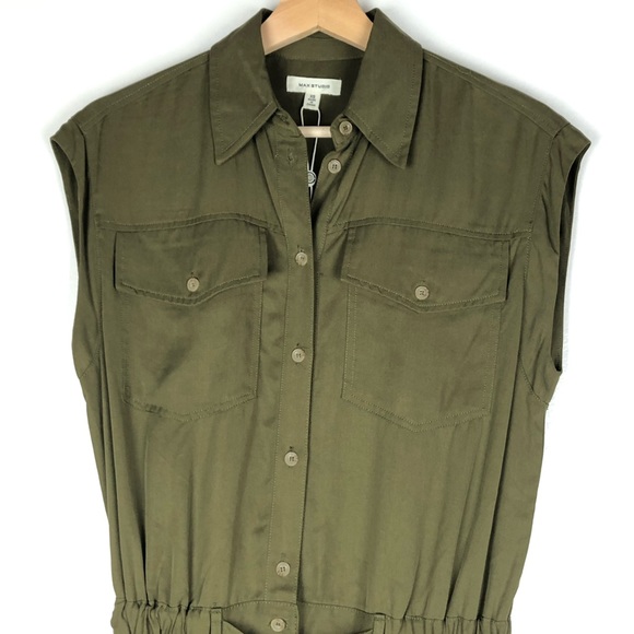 New MAX STUDIO jumpsuit olive green button up - Picture 3 of 8